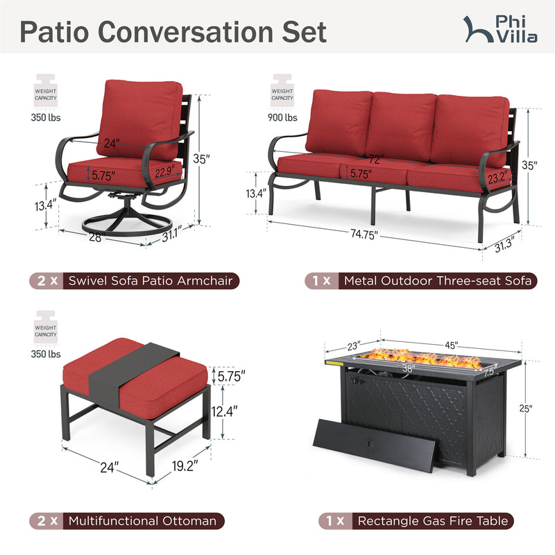 Phi Villa 7-Seater Patio Steel Conversation Sofa Sets With Leather Grain Fire Pit Table