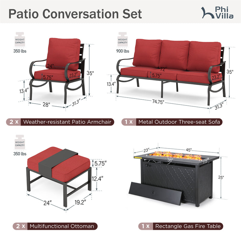 Phi Villa 7-Seater Patio Steel Conversation Sofa Sets With Leather Grain Fire Pit Table