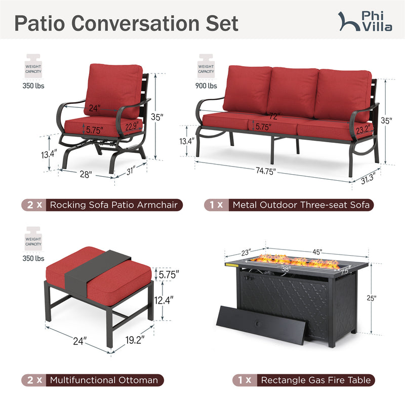 Phi Villa 7-Seater Patio Steel Conversation Sofa Sets With Leather Grain Fire Pit Table