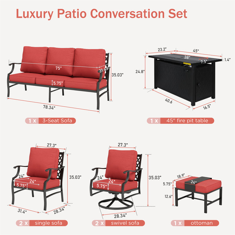 Phi Villa 7-Seater Patio Steel Conversation Sofa Set With Rectangle Fire Pit Table