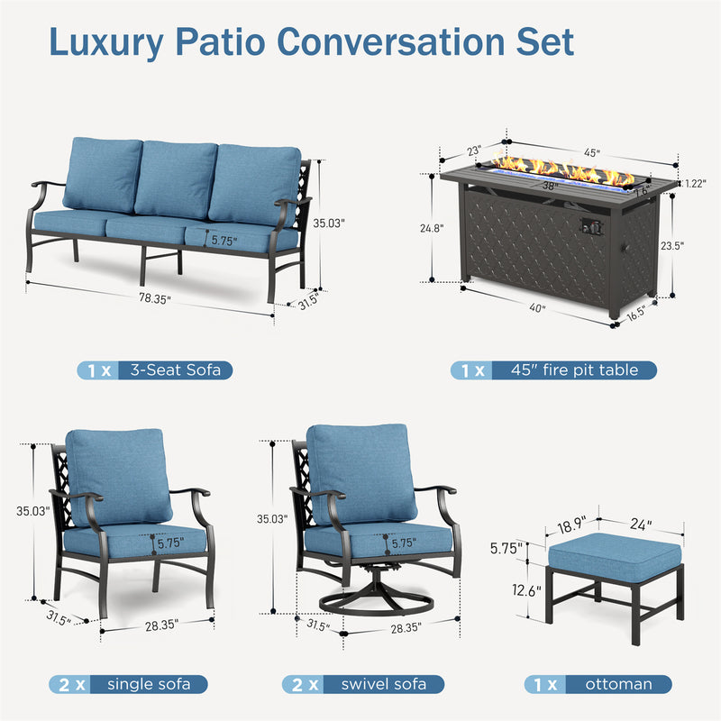 Phi Villa 9-Seater Outdoor Steel Conversation Sofa Sets With Leather Grain Fire Pit Table