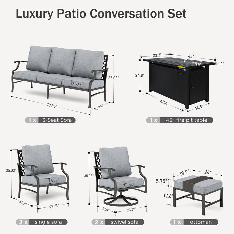 Phi Villa 9-Seater Outdoor Steel Conversation Sofa Sets With Leather Grain Fire Pit Table