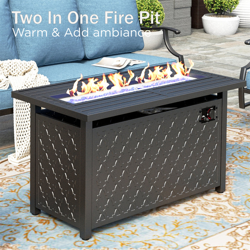 Phi Villa 7-Seater Patio Steel Conversation Sofa Set With Rectangle Fire Pit Table