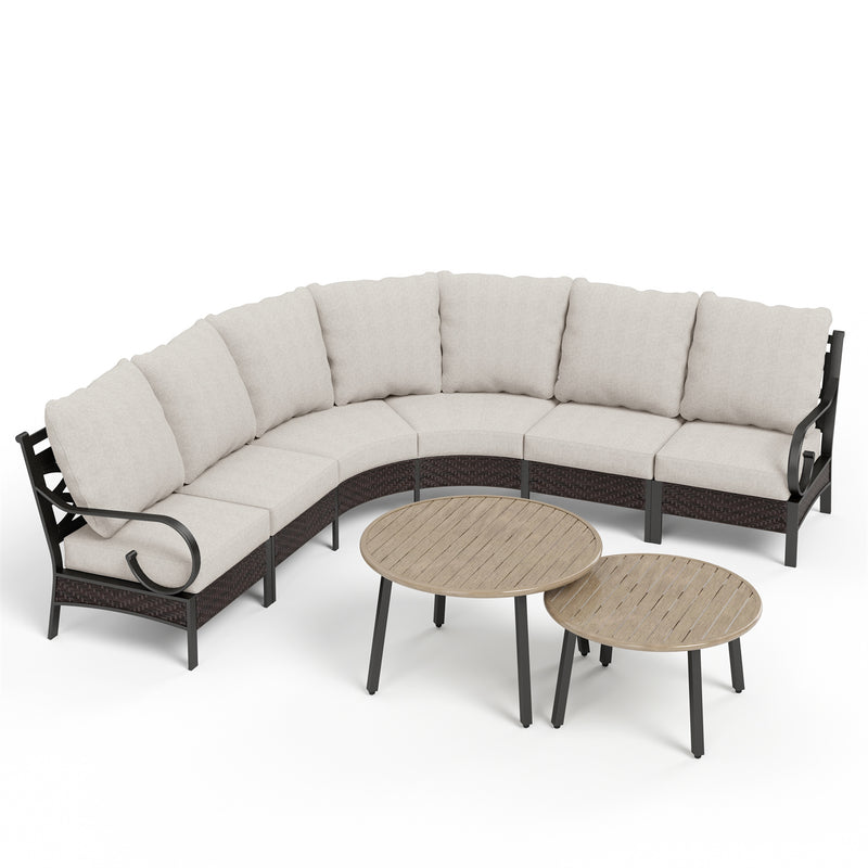 Phi Villa Patio Steel and Rattan Sofa Set Outdoor Curved Sectional Couch with Coffee Table