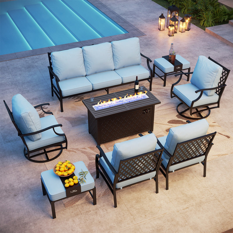 Phi Villa 9-Seater Outdoor Steel Conversation Sofa Sets With Leather Grain Fire Pit Table