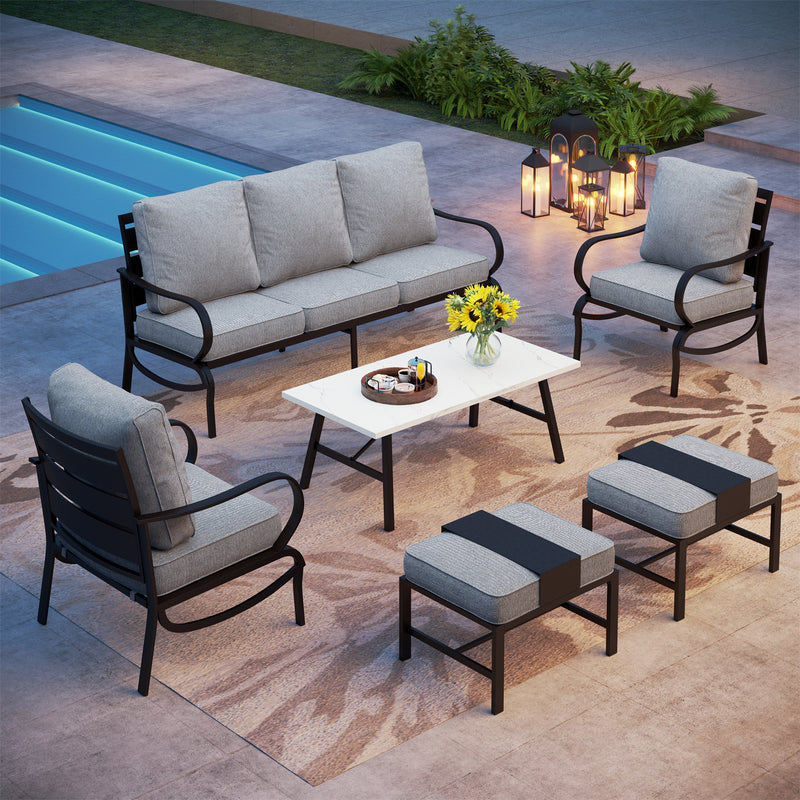 Phi Villa 7-Seater Patio Steel Conversation Sofa Set With Coffee Table & Ottomans