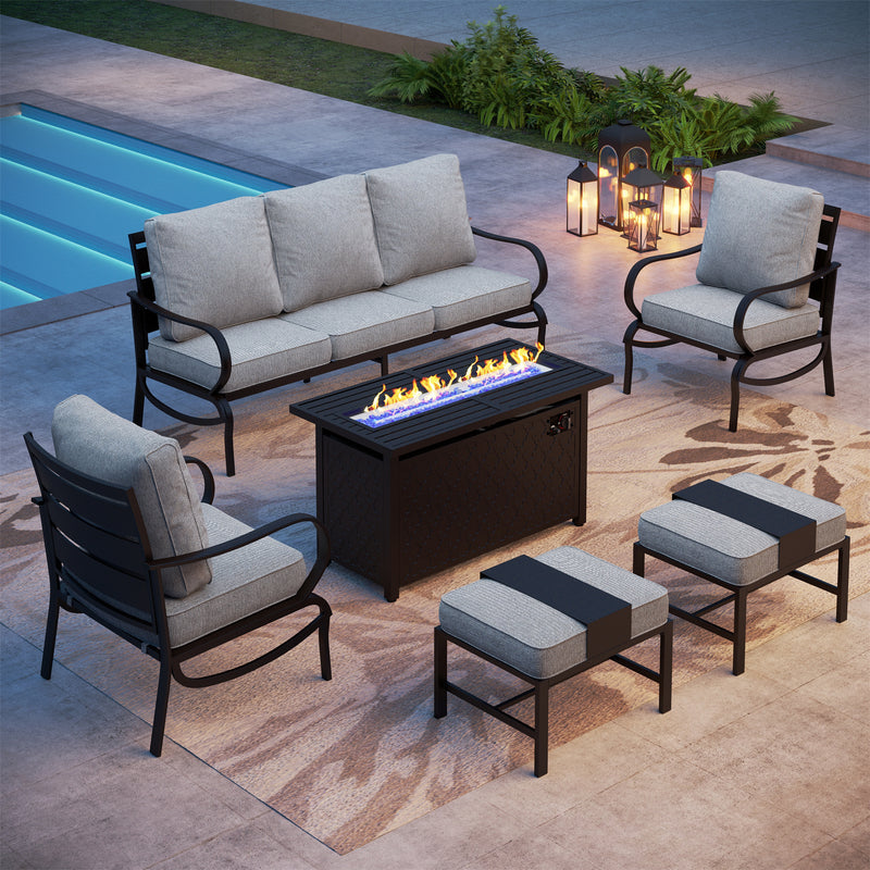 Phi Villa 7-Seater Patio Steel Conversation Sofa Sets With Leather Grain Fire Pit Table