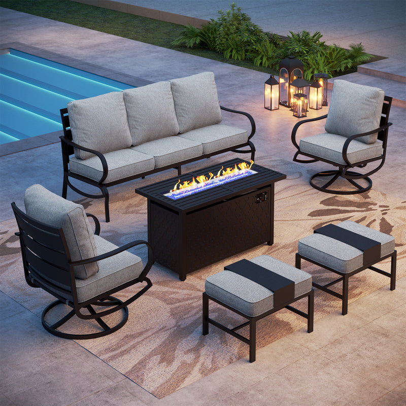 Phi Villa 7-Seater Patio Steel Conversation Sofa Sets With Leather Grain Fire Pit Table