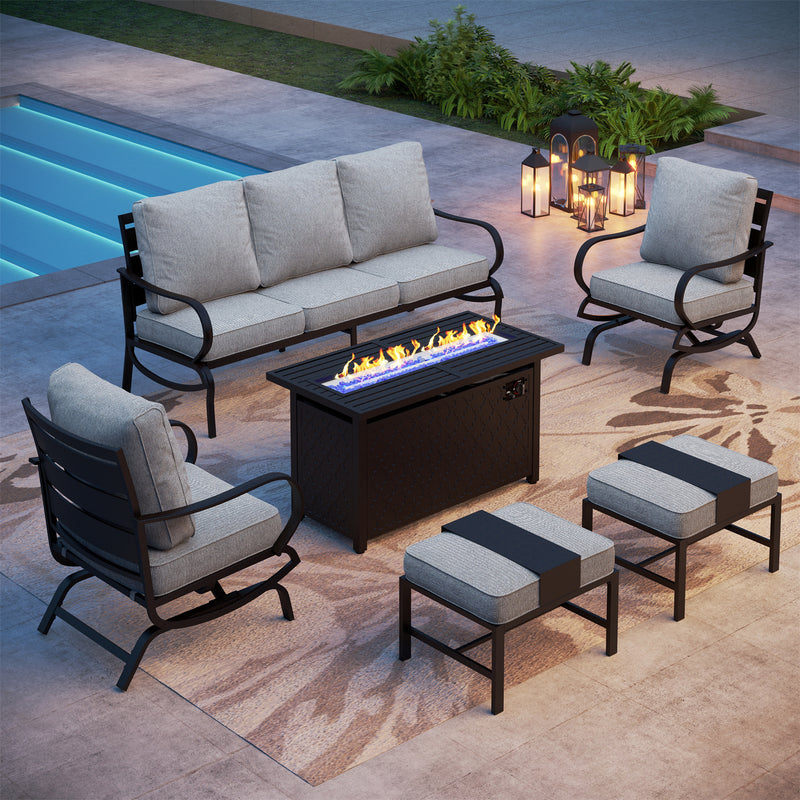 Phi Villa 7-Seater Patio Steel Conversation Sofa Sets With Leather Grain Fire Pit Table