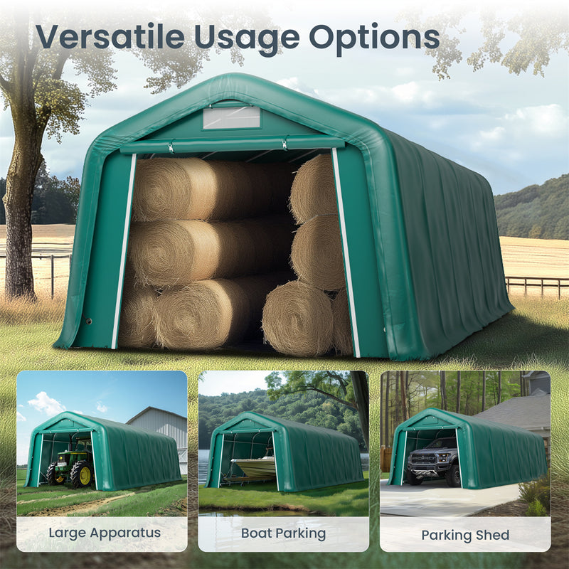 PHI VILLA Outdoor 11x32ft Green Storage Tent for Vehicles, Farm, and Agricultural Use