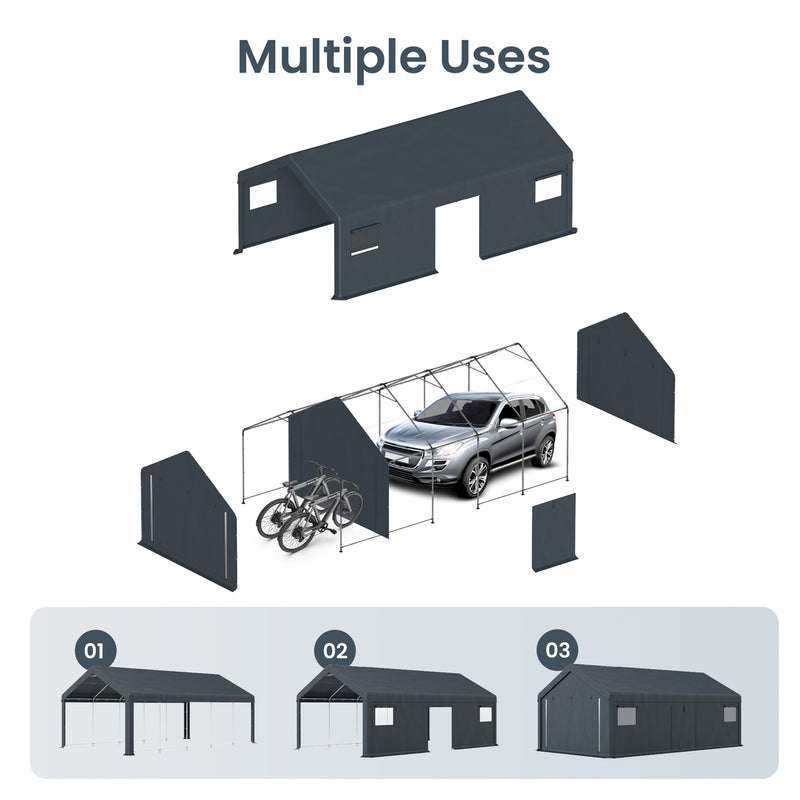 PHI VILLA Outdoor Storage Shed with Roll-up Ventilated Door, Portable Storage Tent Carport for Motorcycle, Firewood, Garden Tools