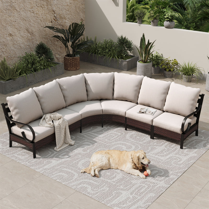 Phi Villa Patio Steel and Rattan Sofa Set Outdoor Curved Sectional Couch with Coffee Table