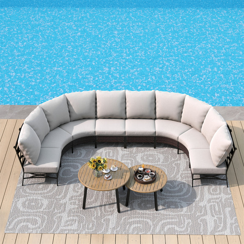 Phi Villa Patio Steel and Rattan Sofa Set Outdoor Curved Sectional Couch with Coffee Table