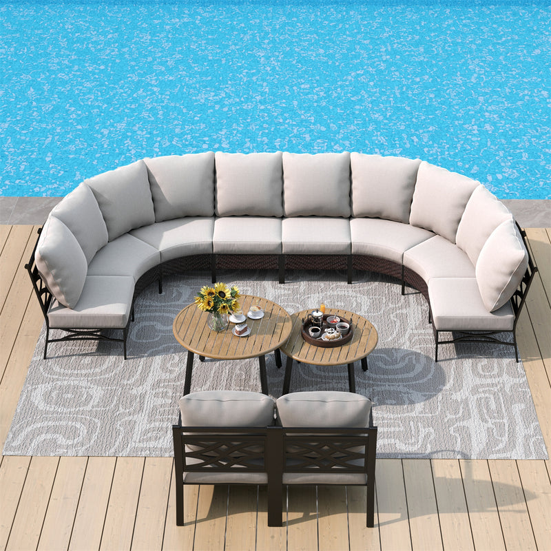 Phi Villa Patio Steel and Rattan Sofa Set Outdoor Curved Sectional Couch with Coffee Table