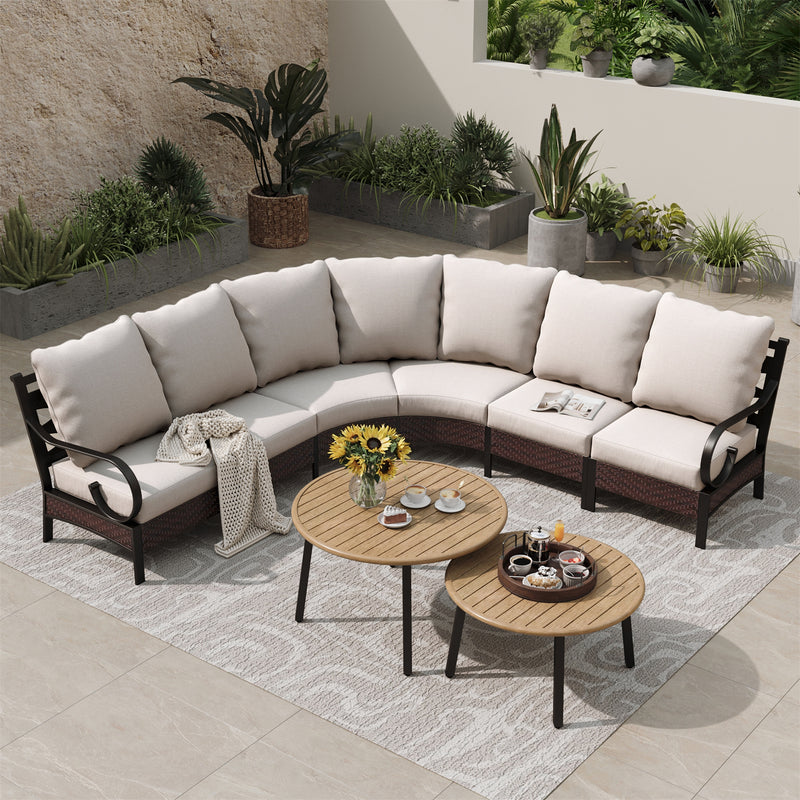 Phi Villa Patio Steel and Rattan Sofa Set Outdoor Curved Sectional Couch with Coffee Table