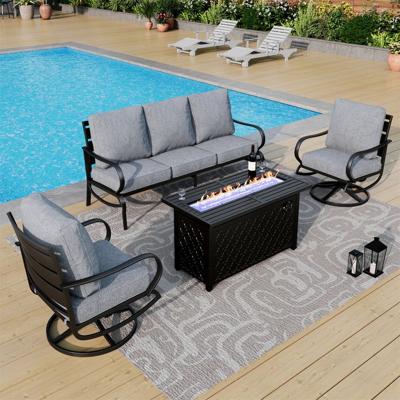 Phi Villa 5-Seater Patio Steel Conversation Sofa Sets With Leather Grain Fire Pit Table