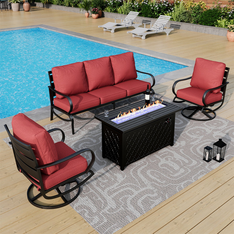 Phi Villa 5-Seater Patio Steel Conversation Sofa Sets With Leather Grain Fire Pit Table