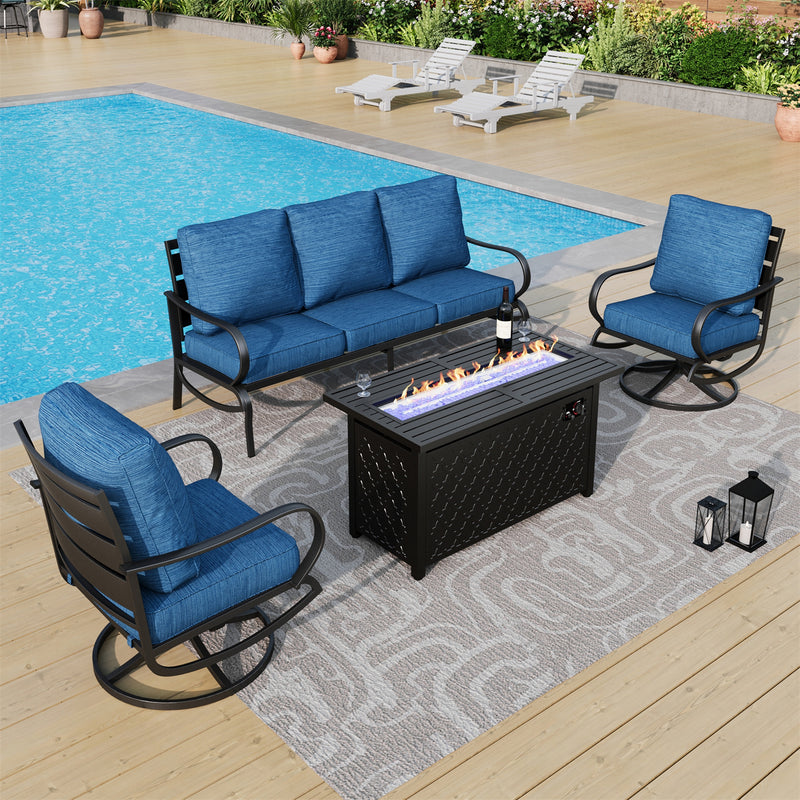 Phi Villa 5-Seater Patio Steel Conversation Sofa Sets With Leather Grain Fire Pit Table