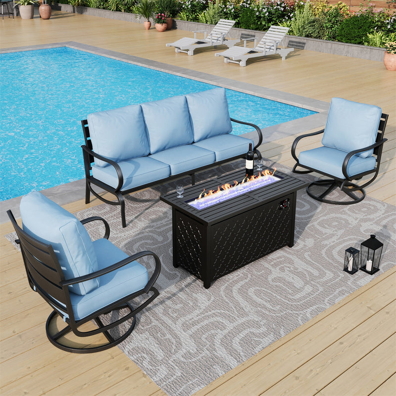 Phi Villa 5-Seater Patio Steel Conversation Sofa Sets With Leather Grain Fire Pit Table