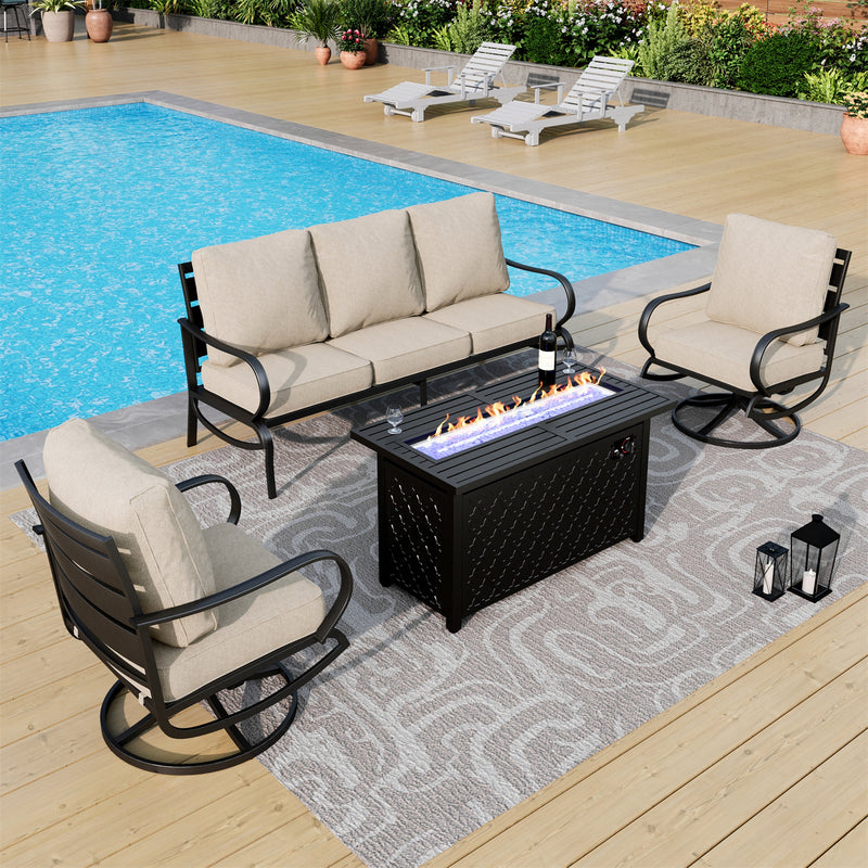 Phi Villa Outdoor Steel Swivel Sofa Sets With Leather Grain Fire Pit Table for Sale