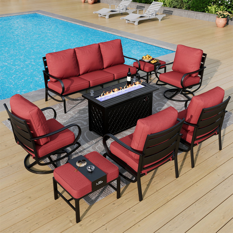 Phi Villa 9-Seater Patio Steel Conversation Sofa Sets With Leather Grain Fire Pit Table