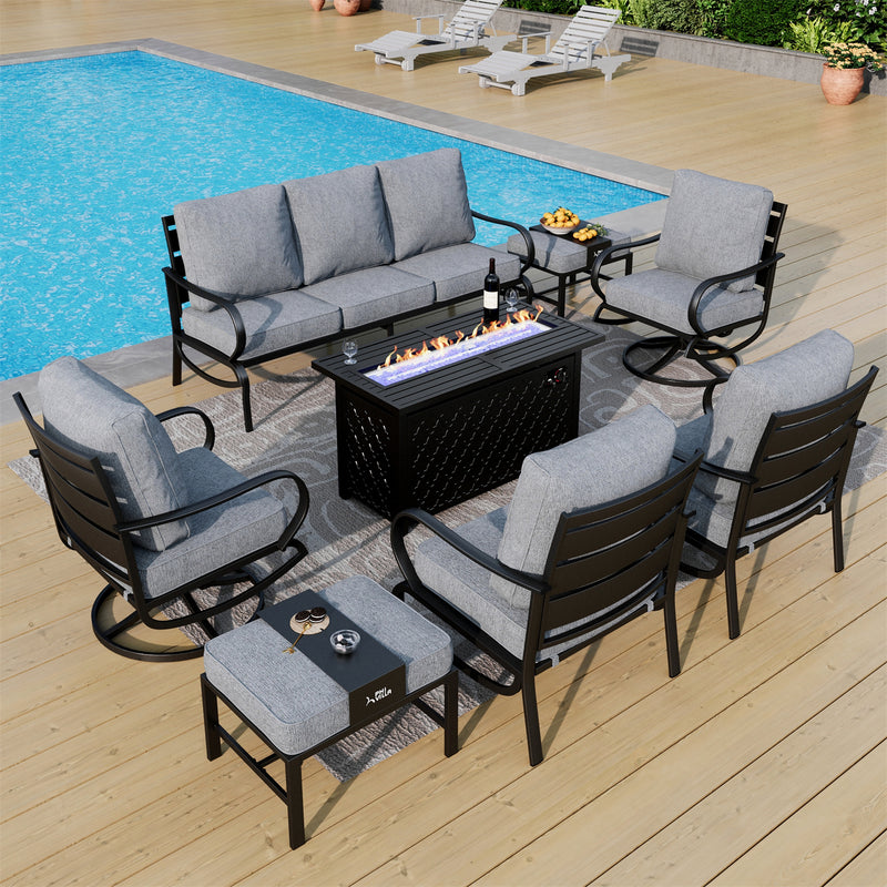 Phi Villa 9-Seater Patio Steel Conversation Sofa Sets With Leather Grain Fire Pit Table