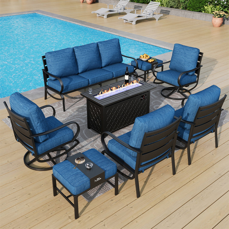 Phi Villa 9-Seater Patio Steel Conversation Sofa Sets With Leather Grain Fire Pit Table