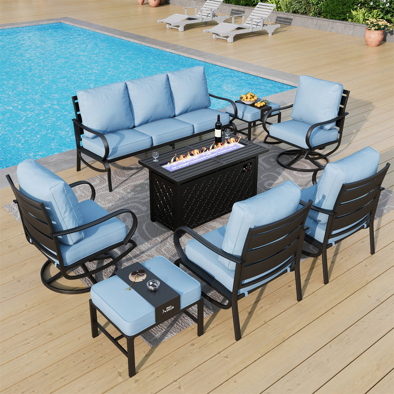 Phi Villa Outdoor Steel Swivel Sofa Sets With Leather Grain Fire Pit Table for Sale