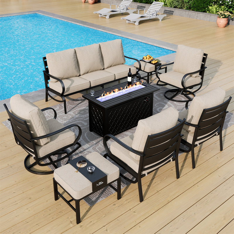 Phi Villa Outdoor Steel Swivel Sofa Sets With Leather Grain Fire Pit Table for Sale