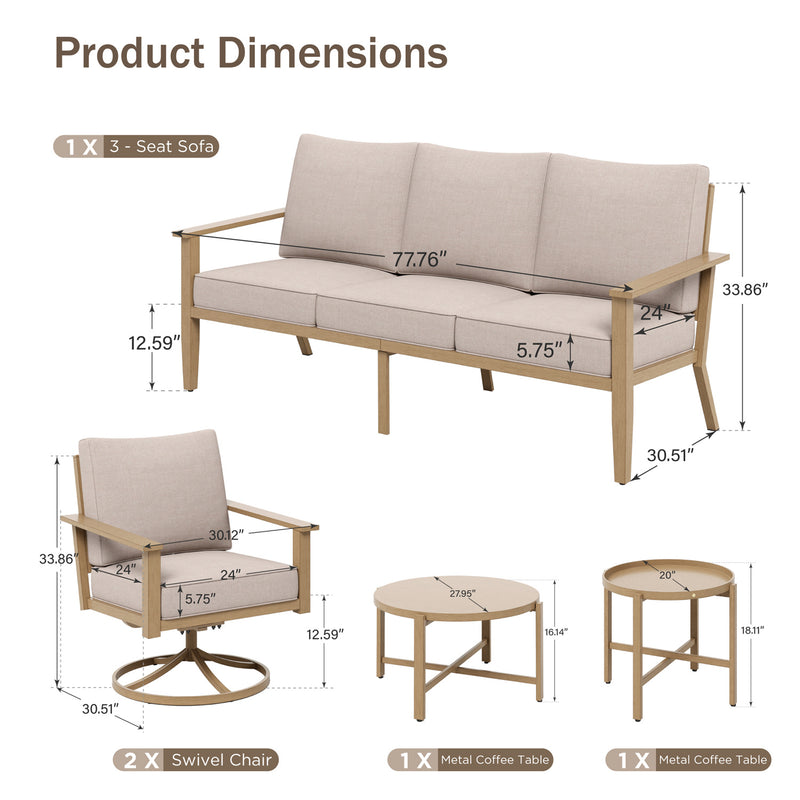 Phi Villa 5-Seater Patio Wood-Like Steel Conversation Sofa Set