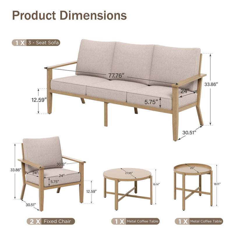 Phi Villa 5-Seater Patio Wood-Like Steel Conversation Sofa Set