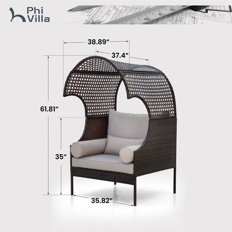 PHI VILLA Rattan Outdoor Furniture Wicker Single Sofa with Top Canopy