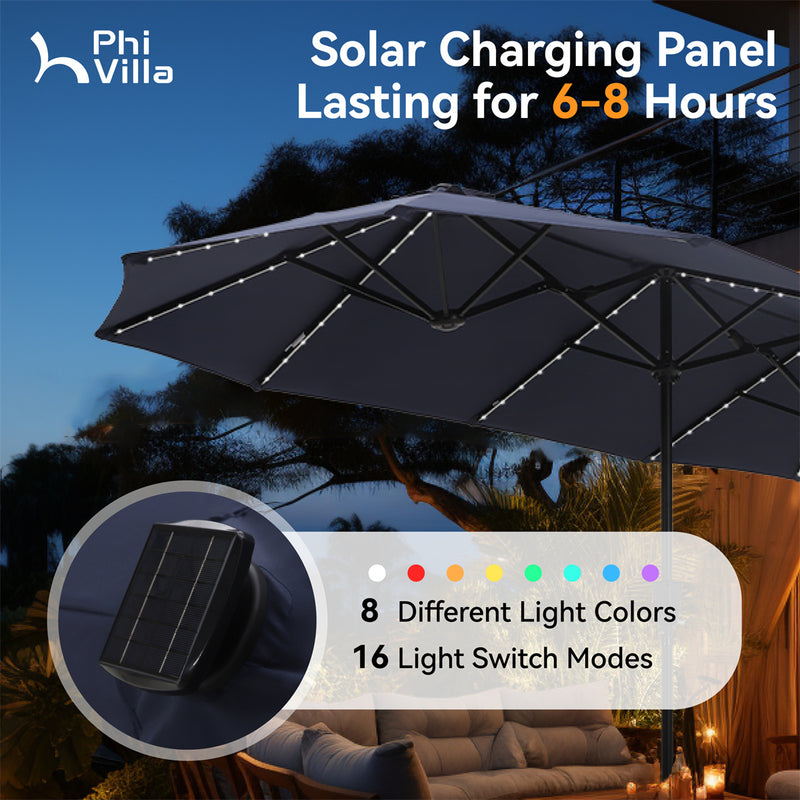 PHI VILLA 13Ft Double-Sided Umbrella - Solar Powered LED Lights, Adjustable Crank, and Durable Construction