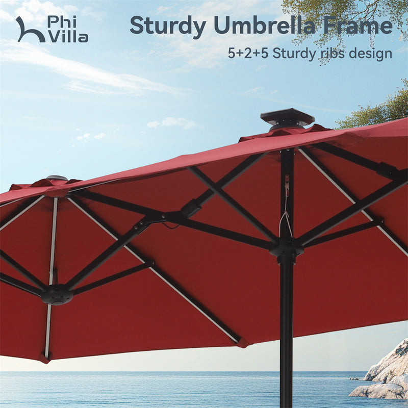 PHI VILLA 13Ft Double-Sided Umbrella - Solar Powered LED Lights, Adjustable Crank, and Durable Construction