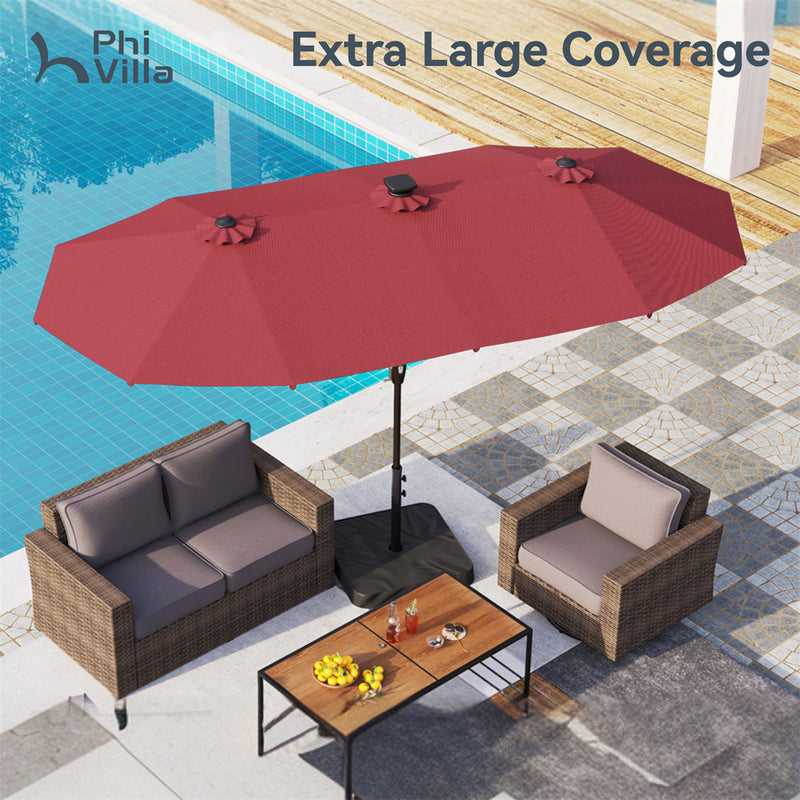 PHI VILLA 13Ft Double-Sided Umbrella - Solar Powered LED Lights, Adjustable Crank, and Durable Construction