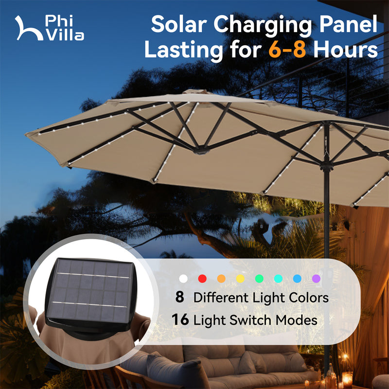 PHI VILLA 13Ft Double-Sided Umbrella - Solar Powered LED Lights, Adjustable Crank, and Durable Construction