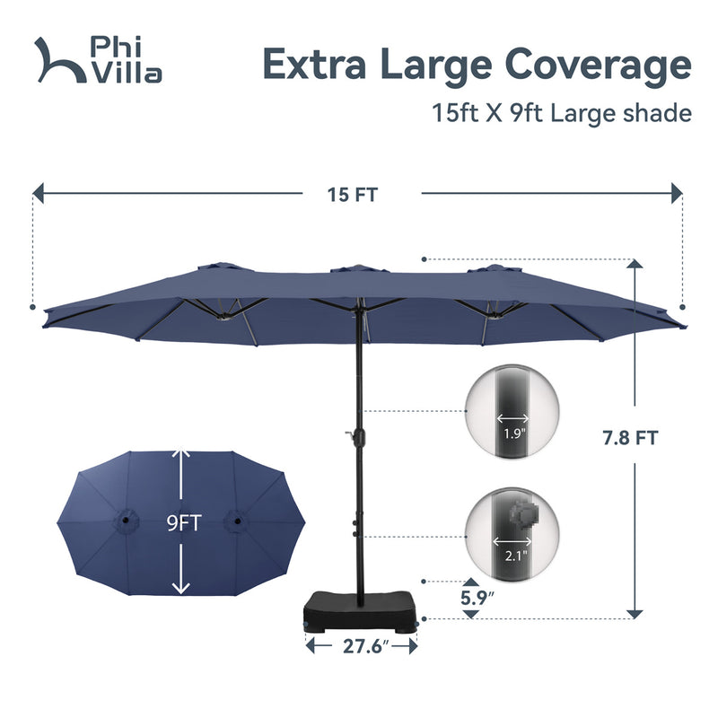 PHI VILLA 15ft Double-Sided Patio Extra Large Twin Umbrella