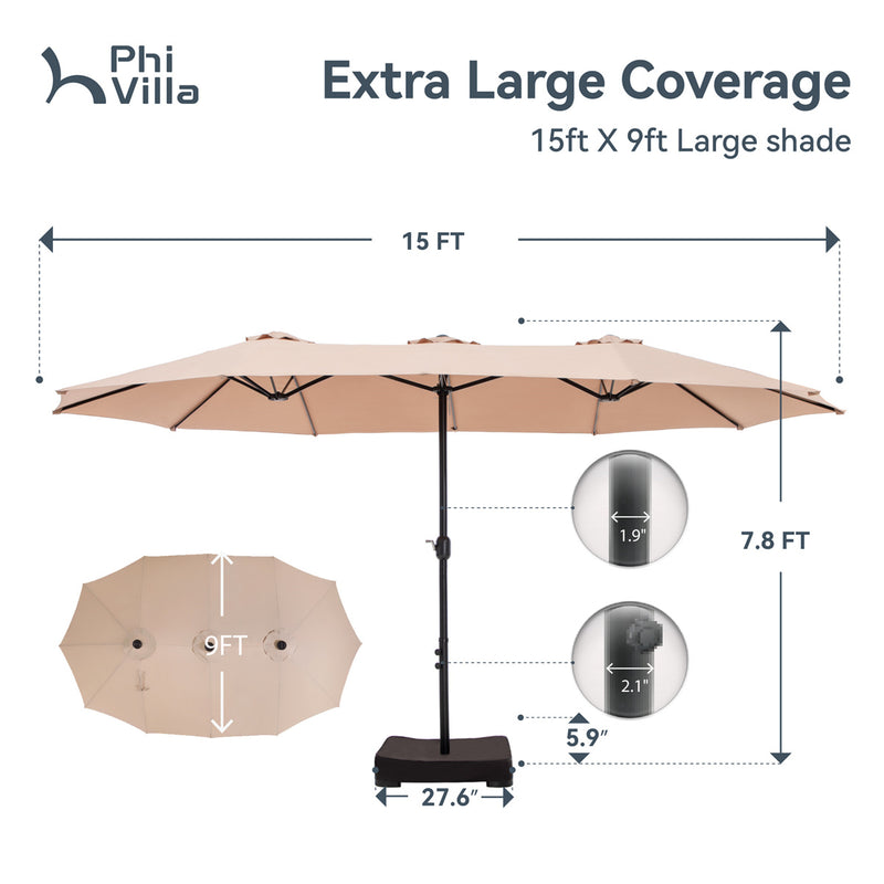 PHI VILLA 15ft Double-Sided Patio Extra Large Twin Umbrella