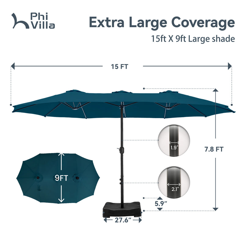 PHI VILLA 15ft Double-Sided Patio Extra Large Twin Umbrella