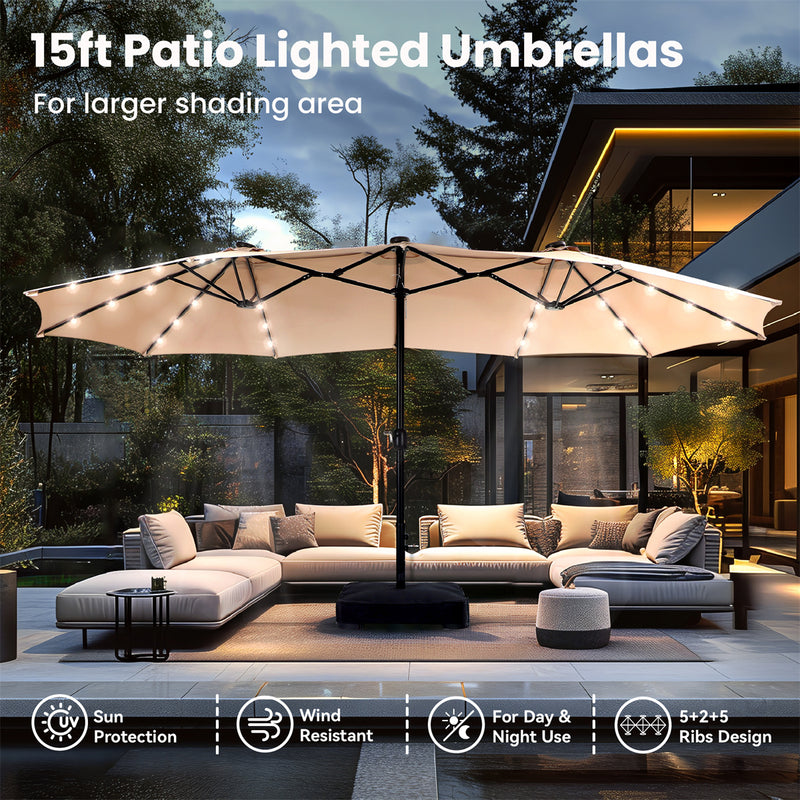 PHI VILLA 15ft 11-Color Double-Sided Patio Extra Large Umbrella With LED Lights