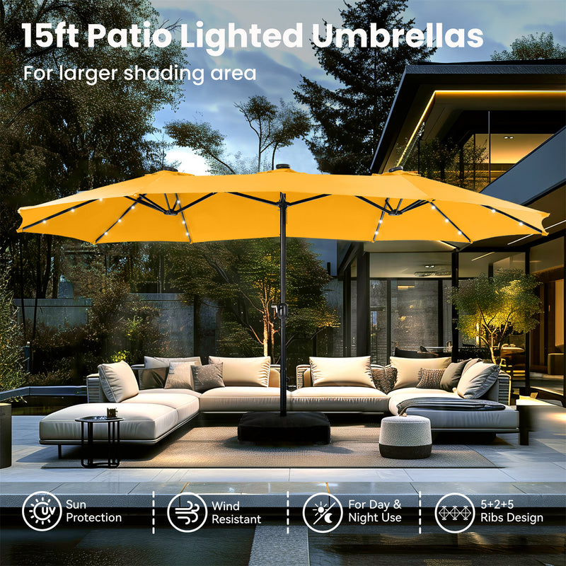 PHI VILLA 15ft Double-Sided Patio Extra Large Umbrella With LED Lights