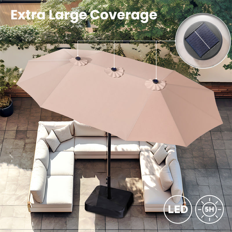 PHI VILLA 15ft Double-Sided Patio Extra Large Umbrella With LED Lights