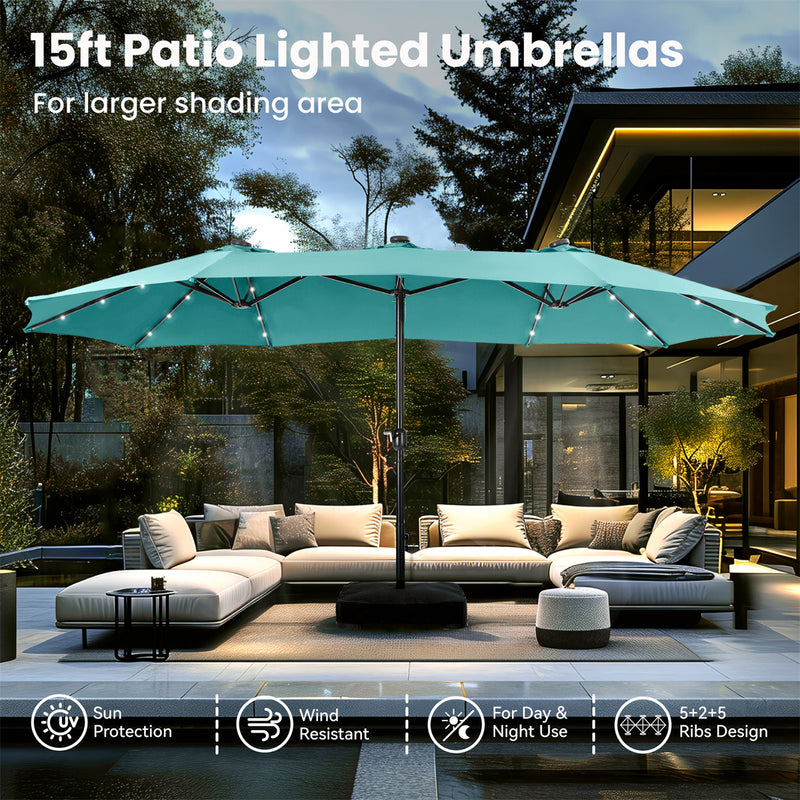 PHI VILLA 15ft Double-Sided Patio Extra Large Umbrella With LED Lights