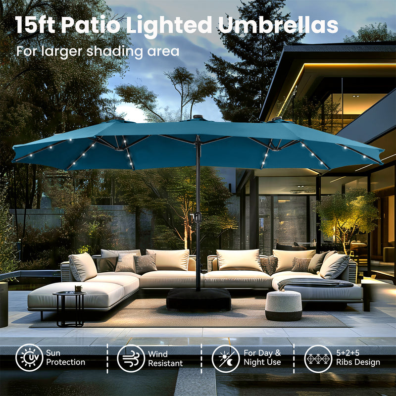 PHI VILLA 15ft 11-Color Double-Sided Patio Extra Large Umbrella With LED Lights