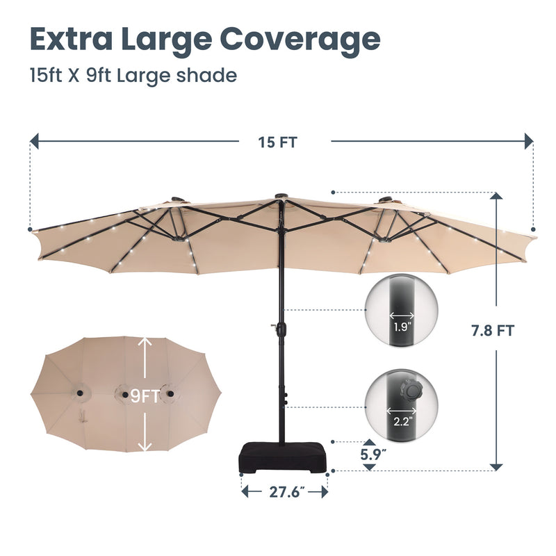 PHI VILLA 15ft 11-Color Double-Sided Patio Extra Large Umbrella With LED Lights