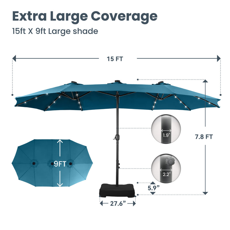 PHI VILLA 15ft Double-Sided Patio Extra Large Umbrella With LED Lights