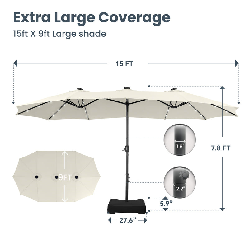 PHI VILLA 15ft Double-Sided Patio Extra Large Umbrella With LED Lights