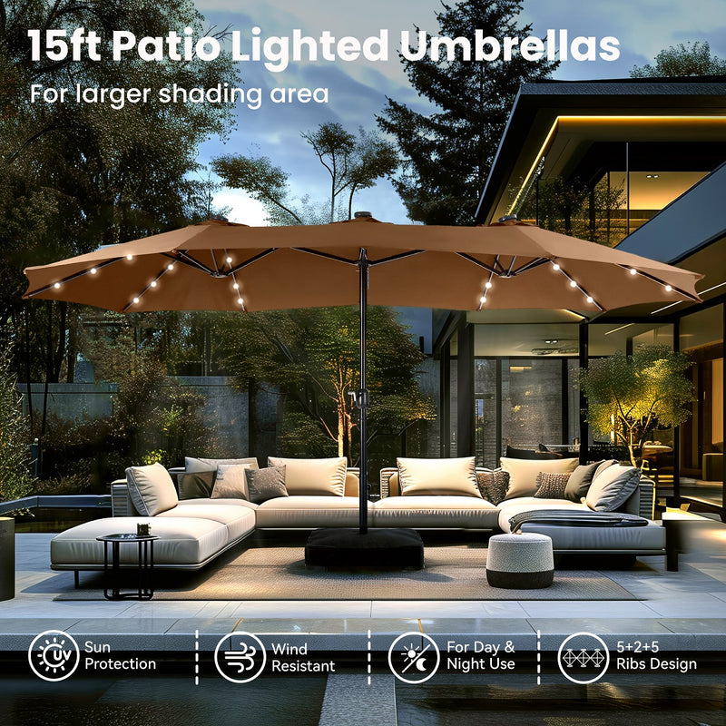 PHI VILLA 15ft Double-Sided Patio Extra Large Umbrella With LED Lights