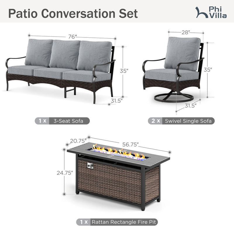 Phi Villa 5-Seater Outdoor Steel & Rattan Sofa Set With Rectangle Fire Pit Table