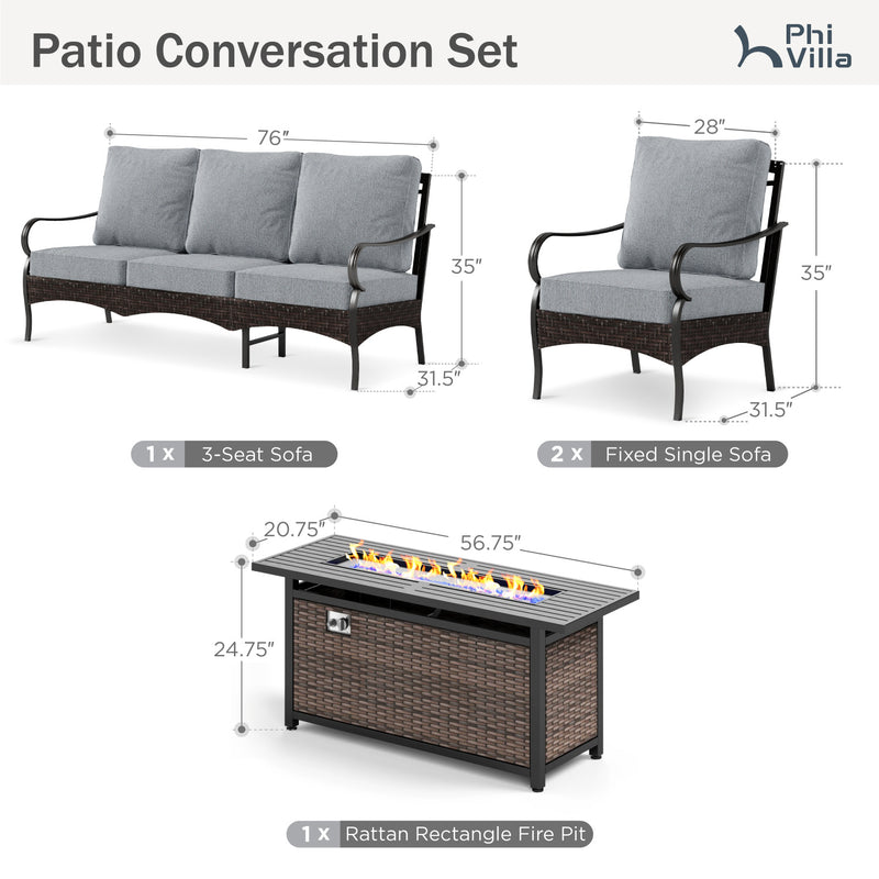 Phi Villa 5-Seater Outdoor Steel & Rattan Sofa Set With Rectangle Fire Pit Table